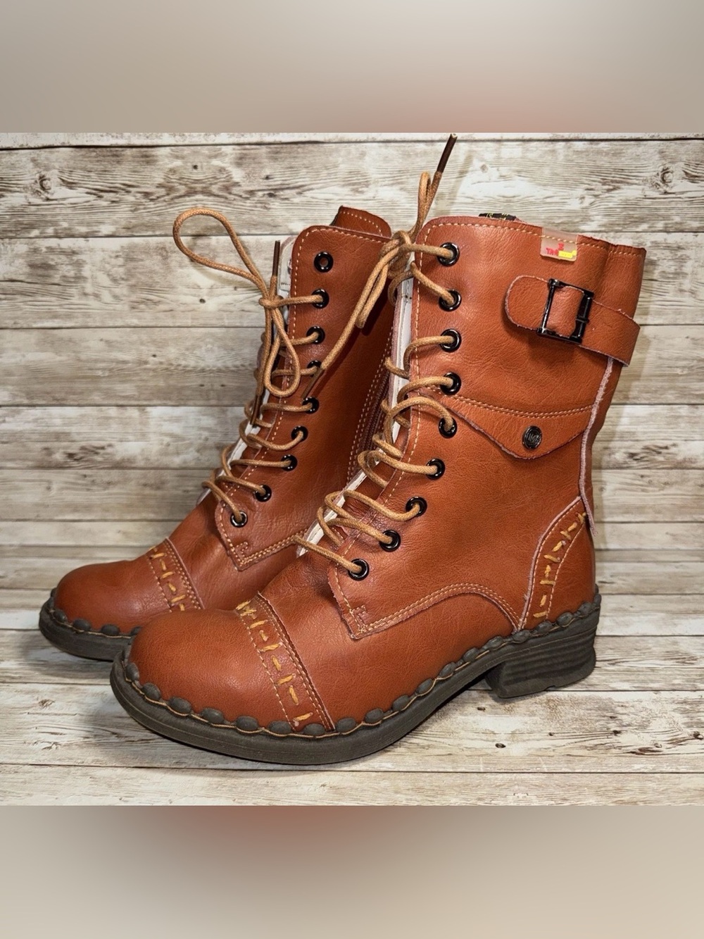 TMA Eyes Classic Retro Element Women’s Sz 38 Or 7.5 Brown Zip Lace Up Boots